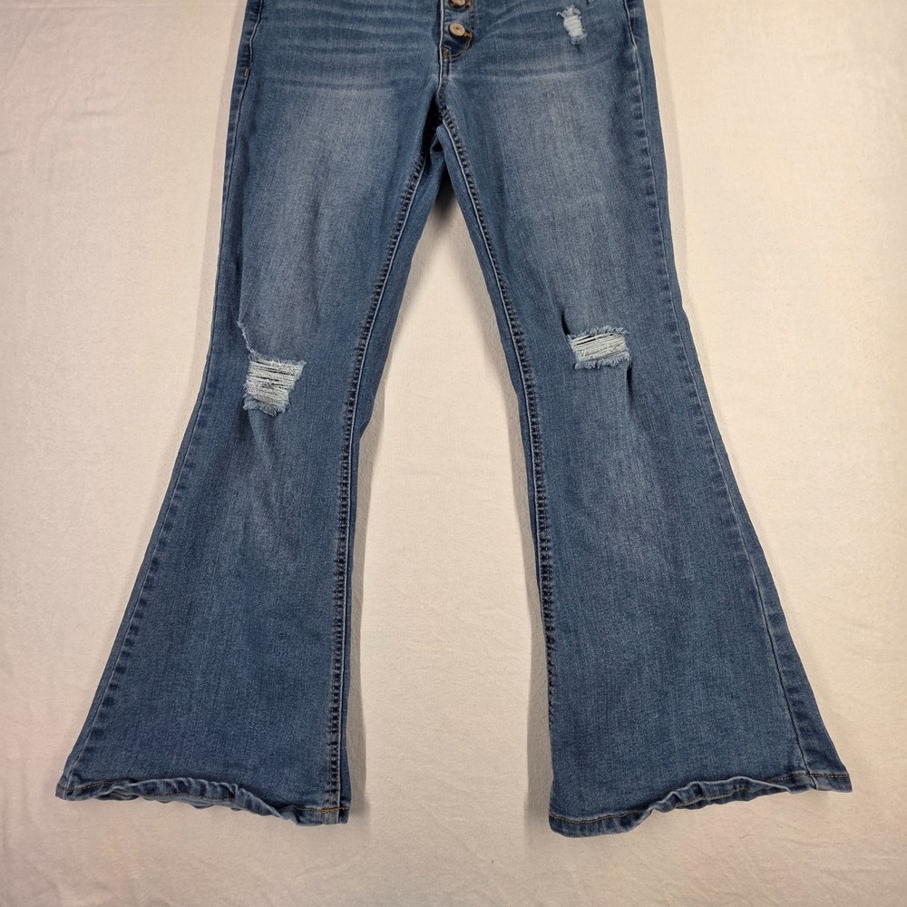 Wallflower Flirty Curvy High Rise Button Fly Flare Denim Distressed Faded Jeans - Picture 2 of 16